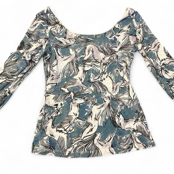 Anthropologie Blue and Cream Horse Print Long Sleeve Top - Picture 1 of 4